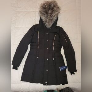 NEW NAUTICA Black Puffer Coat with Faux Fur Hood